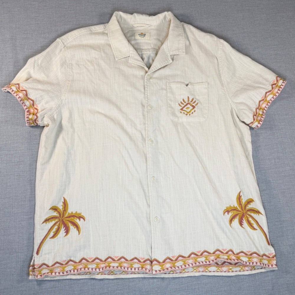 Marine Layer Mens XL Embroidered Palm Tree Camp Shirt Off White Short Sleeve
